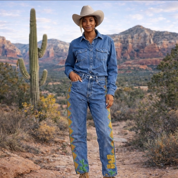 Vintage Denim - Vtg Designer jeans southwest hand painted Artsy denim tapered stonewash W32